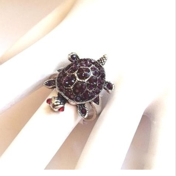 Silver Sea Turtle Ring Size 9 Purple Crystal Nautical Plated Island Beach Cute - Picture 3 of 8